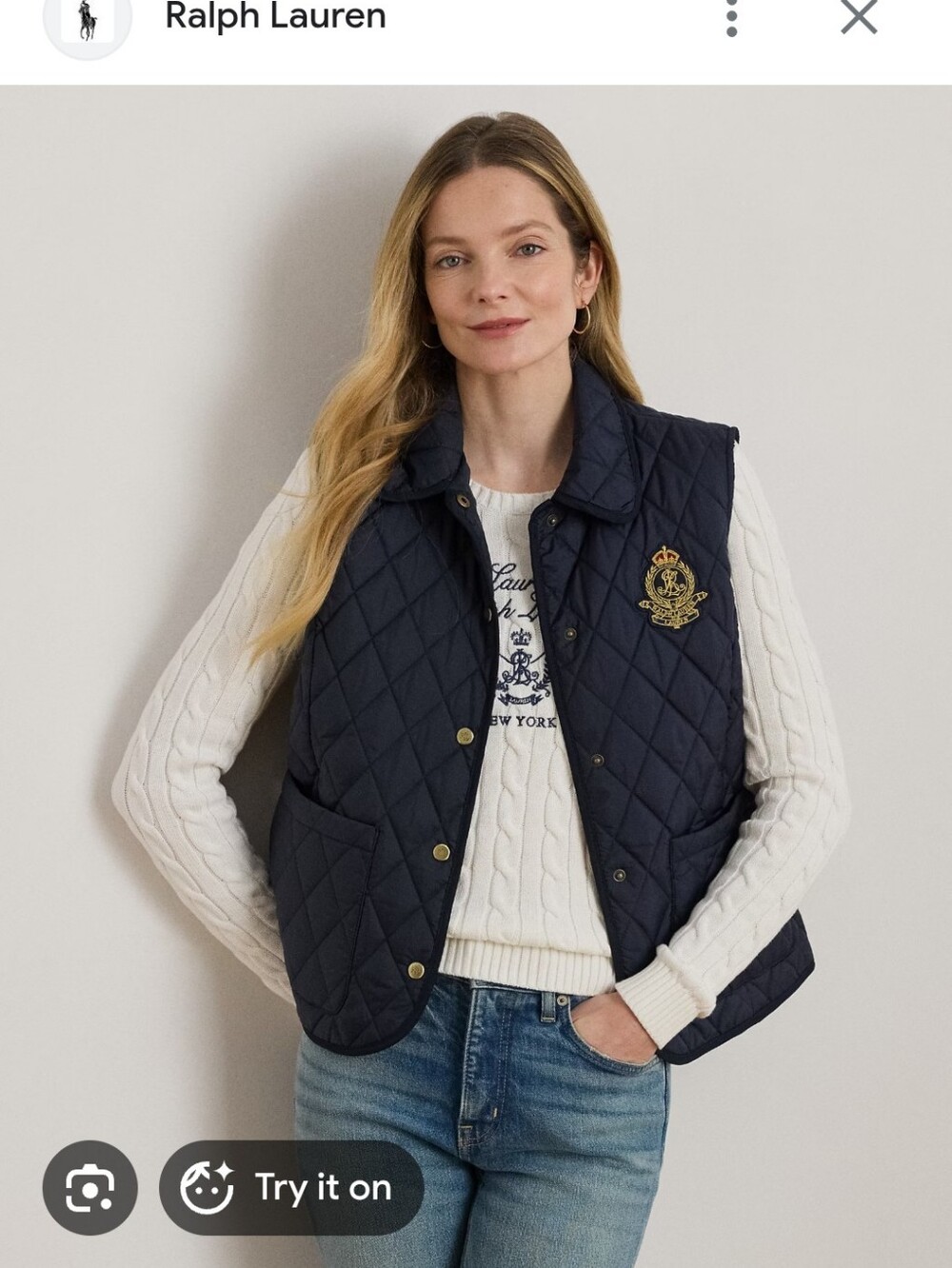 Womens Ralph Lauren Gilet Quilted Navy Crest Snap-Front Vest Size M